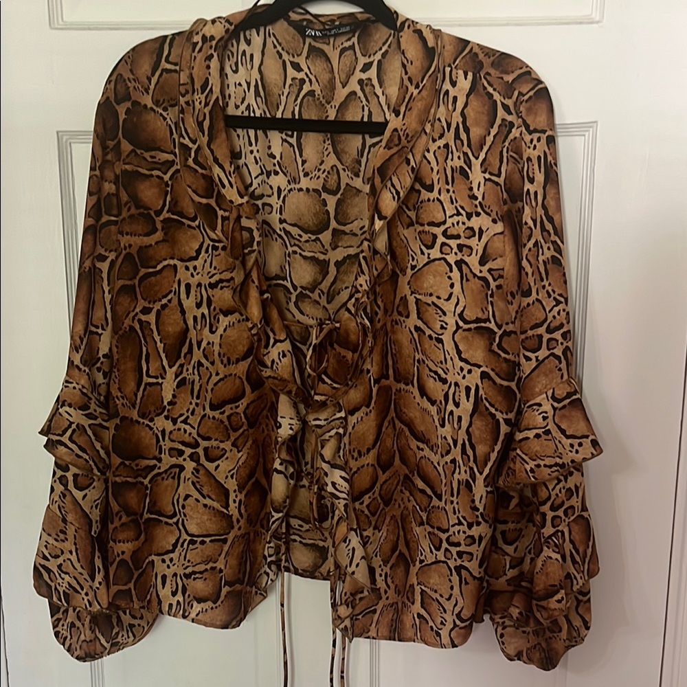 Zara Brown Tan Ruffled Tie Front Blouse